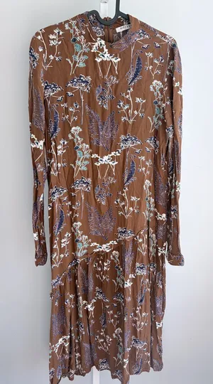 PIECES Brown Navy Floral Long Sleeve Maxi Dress S thumbnail 1