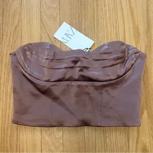 NWT Zara Satin Bandeau Mauve Rose Pleated Strapless Crop Top Size Medium thumbnail 2