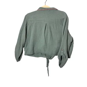 Natural Life Womens Top XL Green Gauze Tie Front Blanket Stitch Boho Cottagecore thumbnail 4