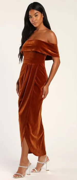 NWT Lulus I'm Enchanted Rust Orange Velvet Off-the-Shoulder Maxi Dress Gala L thumbnail 1