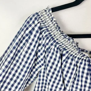 Madewell Smocked Blue & White Gingham Plaid Off The Shoulder Long Sleeve‎ L thumbnail 5