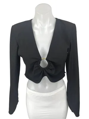Zara Women's Black Long Sleeve Ring Deep V Neck Knit Blouse Crop Top Size M thumbnail 1