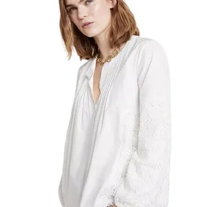 White Cotton Blouse with Floral‎ Lace Bell Sleeve Romantic Victorian Style Top thumbnail 7