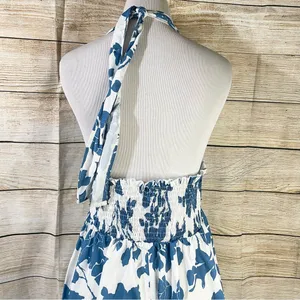SheIn floral halter shirred waist A-line blue dress womens Size Large thumbnail 11