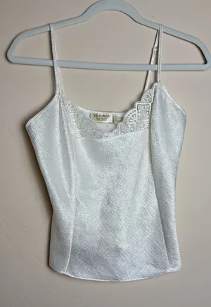 Victoria's Secret White Lace Trim Satin Cami gold label Vintage size small thumbnail 1