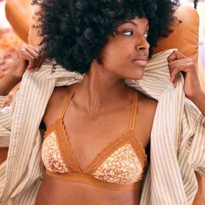NWOT Aerie Orange Floral Satin Lace Triangle Racerback Bralette Size Medium thumbnail 1