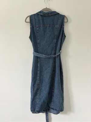 Like Love Blue Denim Button Down Tie Waist Sleeveless Cotton Knee Length Dress S thumbnail 4
