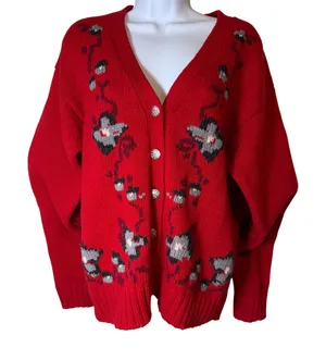 Shetland Wool Floral Embroidered Red Cardigan Sweater‎ S Grandmacore Retro VTG thumbnail 1