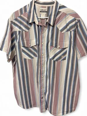 Ariat Men's Short Sleeve Striped Western Shirt — Blue, Cream & Brown Sz XXL thumbnail 1