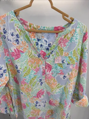 J. Jill Floral Watercolor Tunic in Blue, Pink, Green cotton roll tab sleeves M thumbnail 7