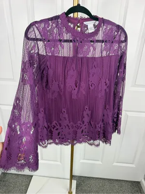 Ophelia Roe Purple Floral Lace Bell Sleeve Blouse Size S NWOT thumbnail 2