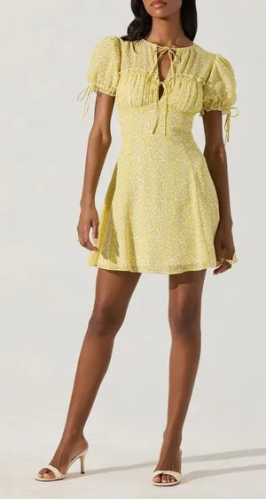 ASTR Print Puff Sleeve Tie Front Dress thumbnail 1