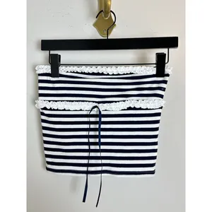 EDIKTED Stripe Lace Trim Tube Top in Navy-and-white Size Small thumbnail 2
