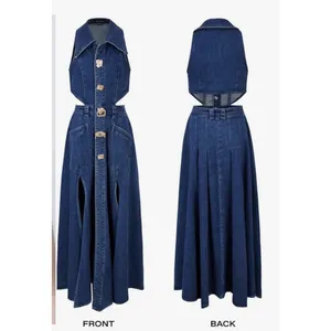 URBAN REVIVO Women's Cutout Sleeveless Lapel Denim Maxi Dress Size US‎ 6 Buttons thumbnail 5