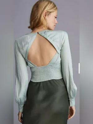 Anthropologie blouson-sleeve blouse is featured in a silky, sage-green fabric. thumbnail 3