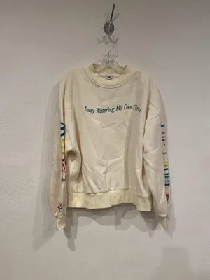 Yellow the Label Sweatshirt Womens S White Busy Watering My Own Grass Long Sleev thumbnail 2