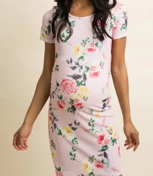 PinkBlush Pink Floral‎ Fitted Ruched Short Sleeve Maternity Dress Size S thumbnail 1