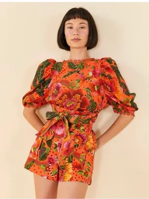 NWT FARM RIO blooming garden shorts orange boho tropical beach vacay floral sz M thumbnail 3