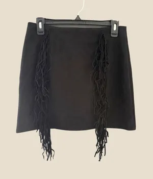 Western Black Faux Suede Fringe Mini Skirt Western Boho A-Line Size Medium thumbnail 1