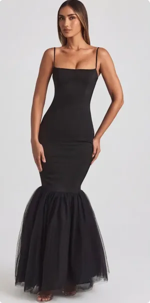 Oh Polly Adelpha Tulle Hem Fishtail Gown Maxi Dress in Black size 6 New thumbnail 1