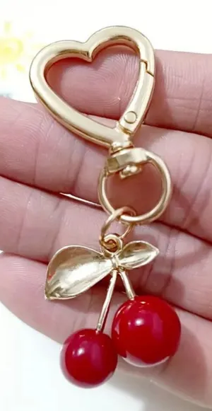 Gold Heart Keychain with Red Cherry Charm‎ thumbnail 1