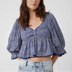 Free People Brittnee Printed Top Blue Floral thumbnail 1