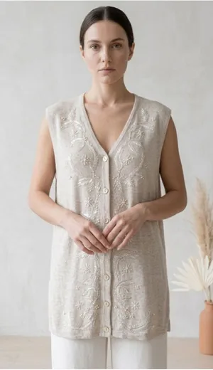 Theo Miles Vintage Beaded Sweater Vest Missy Medium Linen Blend Oatmeal Boho Cre thumbnail 1
