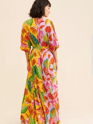 Farm Rio Beaks & Bananas Maxi Wrap Dress Tropical Vacation Midi Size M thumbnail 14