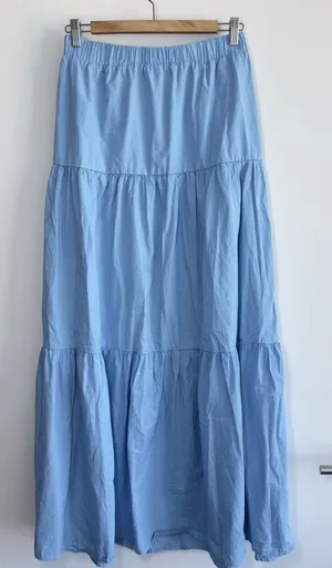 Hunter & Brown Blue Tiered Maxi Skirt Cotton Lined Elastic Waist Size Large thumbnail 1