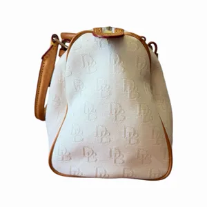 Vintage Dooney & Bourke White Monogram Canvas Barrel Satchel Bag Leather Trim thumbnail 9