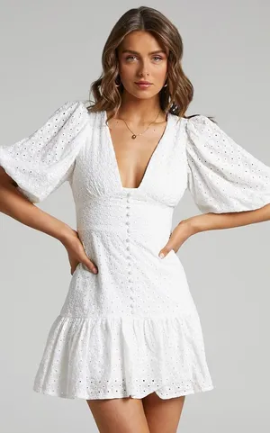 Showpo. NWT Gladys Embroidered Mini Dress with Puff Sleeves thumbnail 1