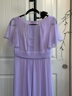 Lavender Chiffon Maxi Dress Flutter Short Sleeve Formal Gown with Pearl Necklace for Wedding Party Evening thumbnail 3