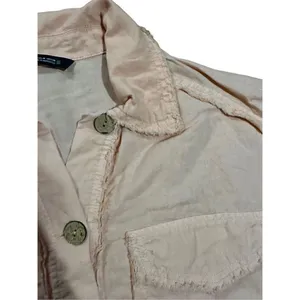 Zara Cropped Linen‎ Blend Jacket Peach Pink Frayed Raw Hem Utility sz M thumbnail 6