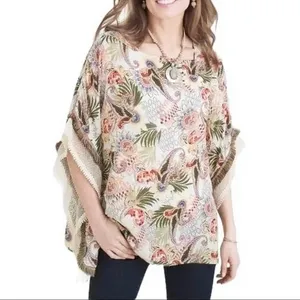 Chico’s Multicolored Floral Paisley Poncho w/Crochet & Mesh Trim Sz S/M $99 thumbnail 5