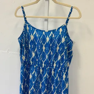 LOFT Ann Taylor Blue White Ikat Diamond High Low Midi Dress Size 10 333733 thumbnail 3