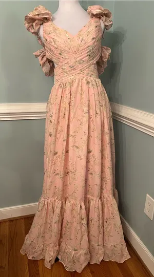 Romantic Pink Floral Maxi Dress with Puff Sleeves size 2 thumbnail 1