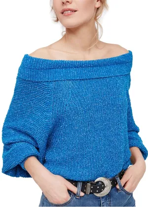 Free People Edessa‎ Off the Shoulder Blue Pullover Balloon Sleeve Knit Sweater M thumbnail 1