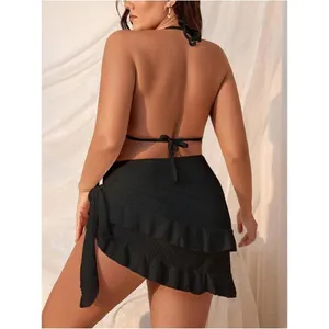 Boutique Black 3 Piece Plus Size 1XL Lettuce Trim Bikini Halter Triangle Swimsuit w/ Wrap thumbnail 2