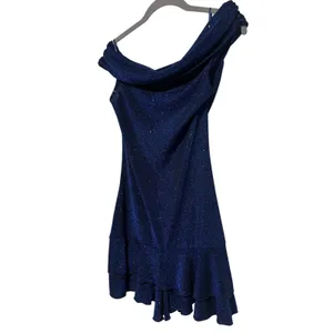 CHICME Women's Navy Blue Glitter Off Shoulder Ruffle Mini Dress Size L thumbnail 3