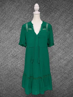 Indigo Rose Women’s M Green Boho Lace Trim Tassel Tiered Midi Dress thumbnail 2