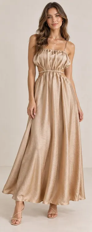 SHEIN Champagne Satin Cutout Maxi Dress XS thumbnail 1