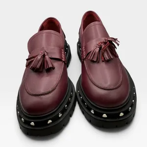 Free People Women Burgundy Leather Studded Tassel Platform Lug Sole Loafers 10 thumbnail 4