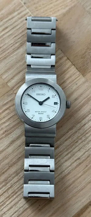 Seiko Very Rare Watch Stainless Steel Bracelet Case White Dial Date Window thumbnail 1