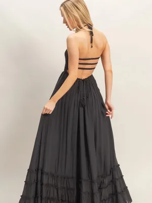 HYFVE Black Halter Smocked Maxi Dress with Tiered Ruffle Hem L thumbnail 5