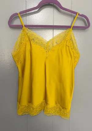 Express Mustard Yellow Satin Lace Trim Classic Glam Elegant Camisole Top S thumbnail 1