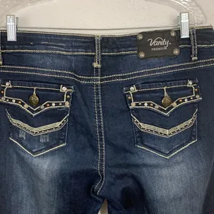 Vanity Premium Dark Wash Bling Pocket Harlow Jeans Size 32 thumbnail 6