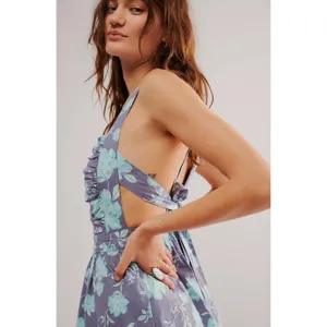 FREE PEOPLE Meet Me In Maui Printed Mini Dress in Ocean Combo Blue Size XL thumbnail 4