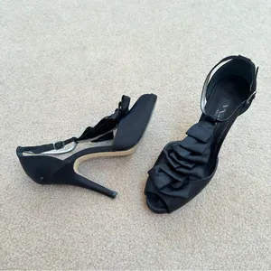 Nina Elga Black Satin Ruffle Platform Peep-Toe Stiletto Heels 7 thumbnail 5