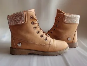 NWOT bebe Zara Rhinestone Studded Combat Boots Tan wheat moto Sz 7.5 Fall bling thumbnail 1