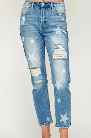 Miss Me High Rise Distressed Star Printed Mom Jeans Rise ankle skinny 29 thumbnail 1